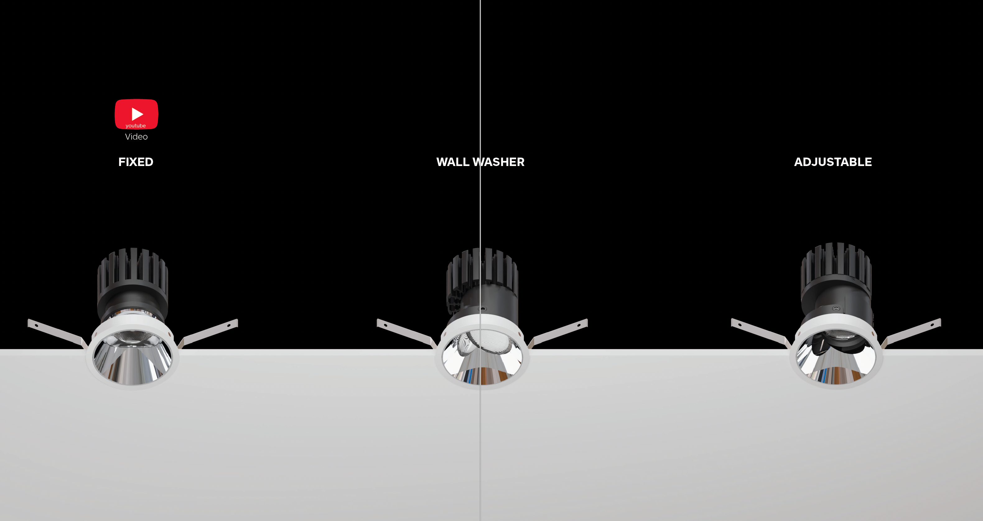 FLEXI recessed downlight system with fixed, wall washer and adjustable modules