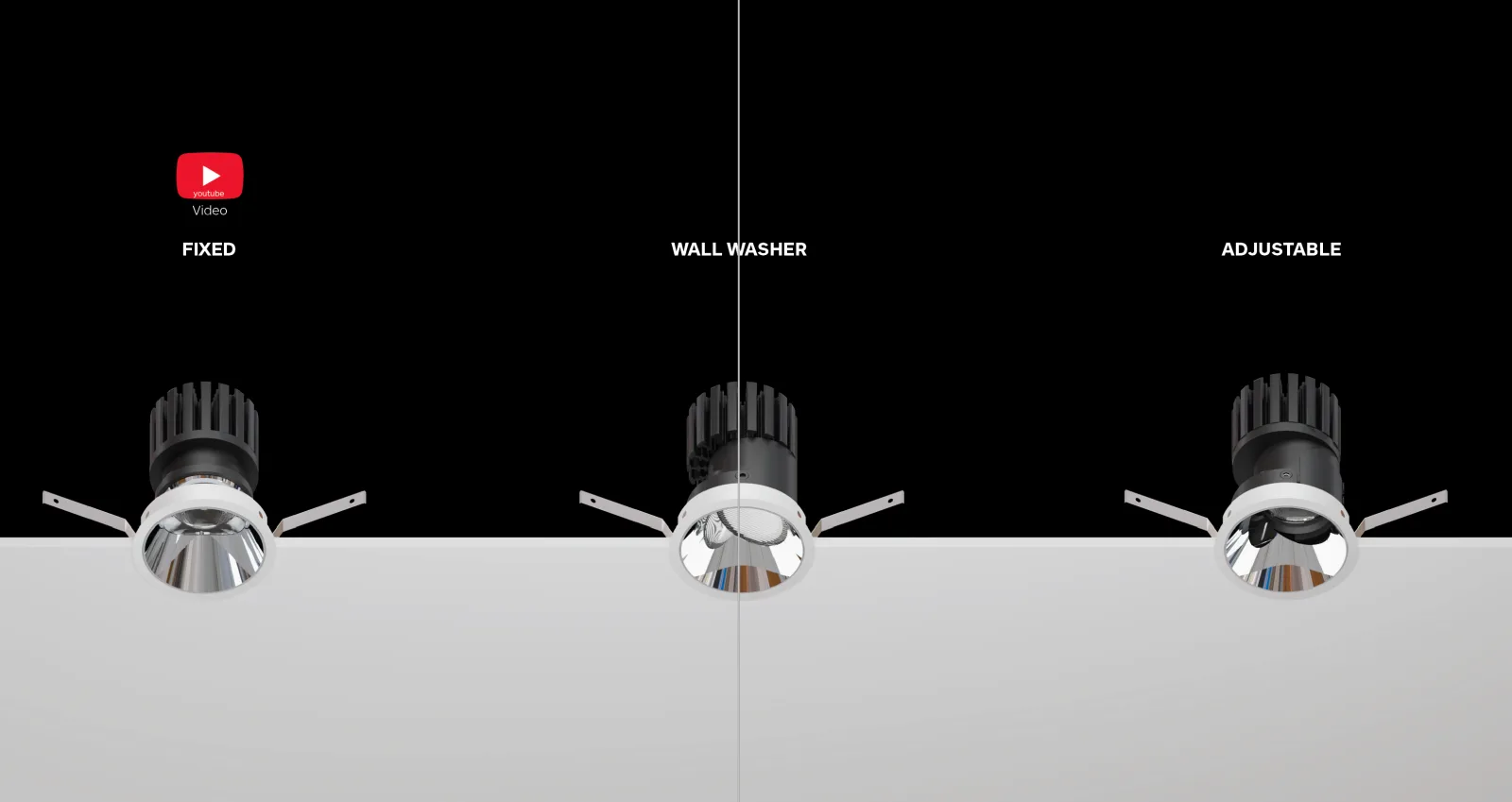 FLEXI recessed downlight system with fixed, wall washer and adjustable modules