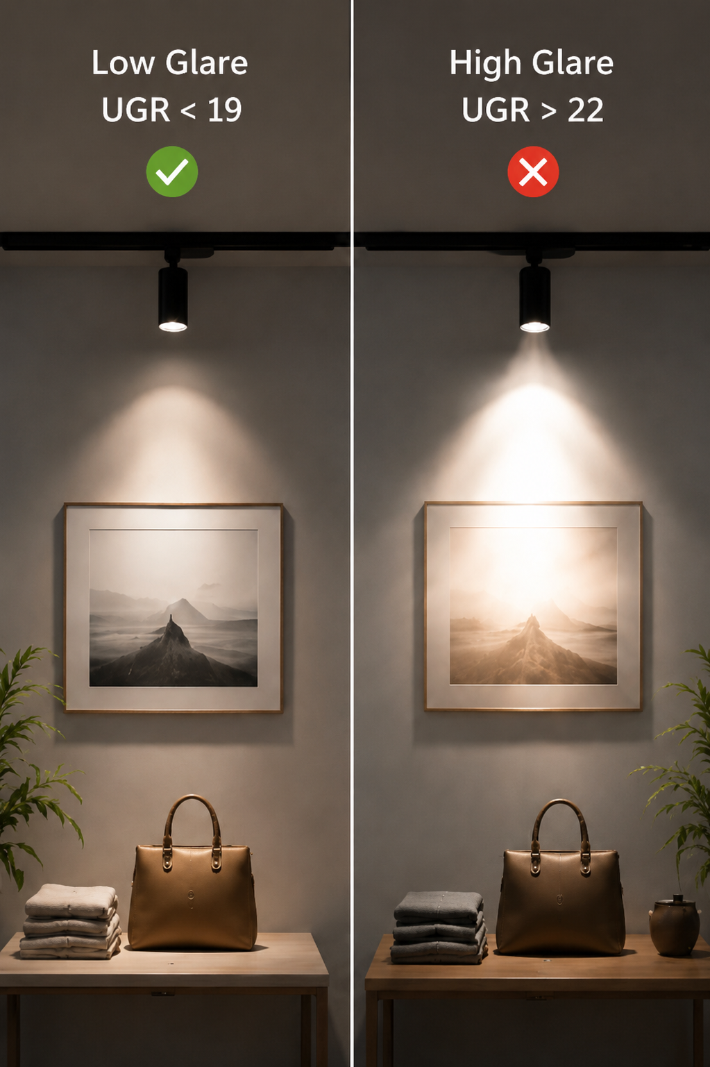 Low glare (UGR < 19) compared with high glare (UGR > 22) in a retail lighting environment, showing the impact of glare on visual comfort.