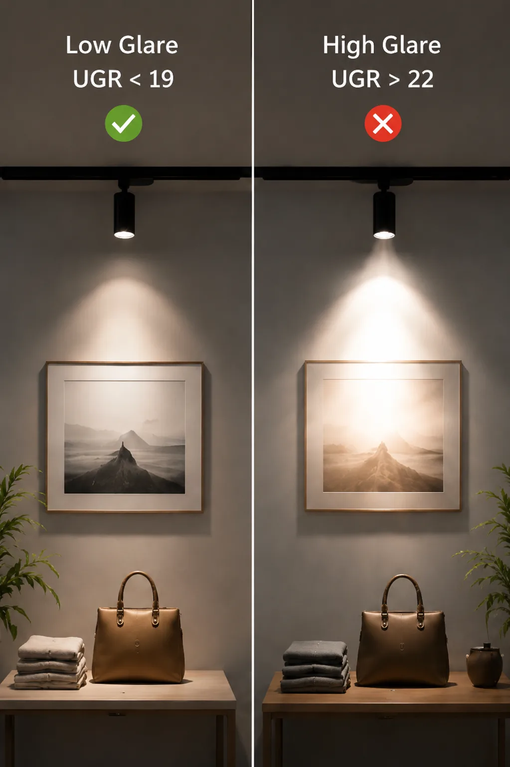 Low glare (UGR < 19) compared with high glare (UGR > 22) in a retail lighting environment, showing the impact of glare on visual comfort.