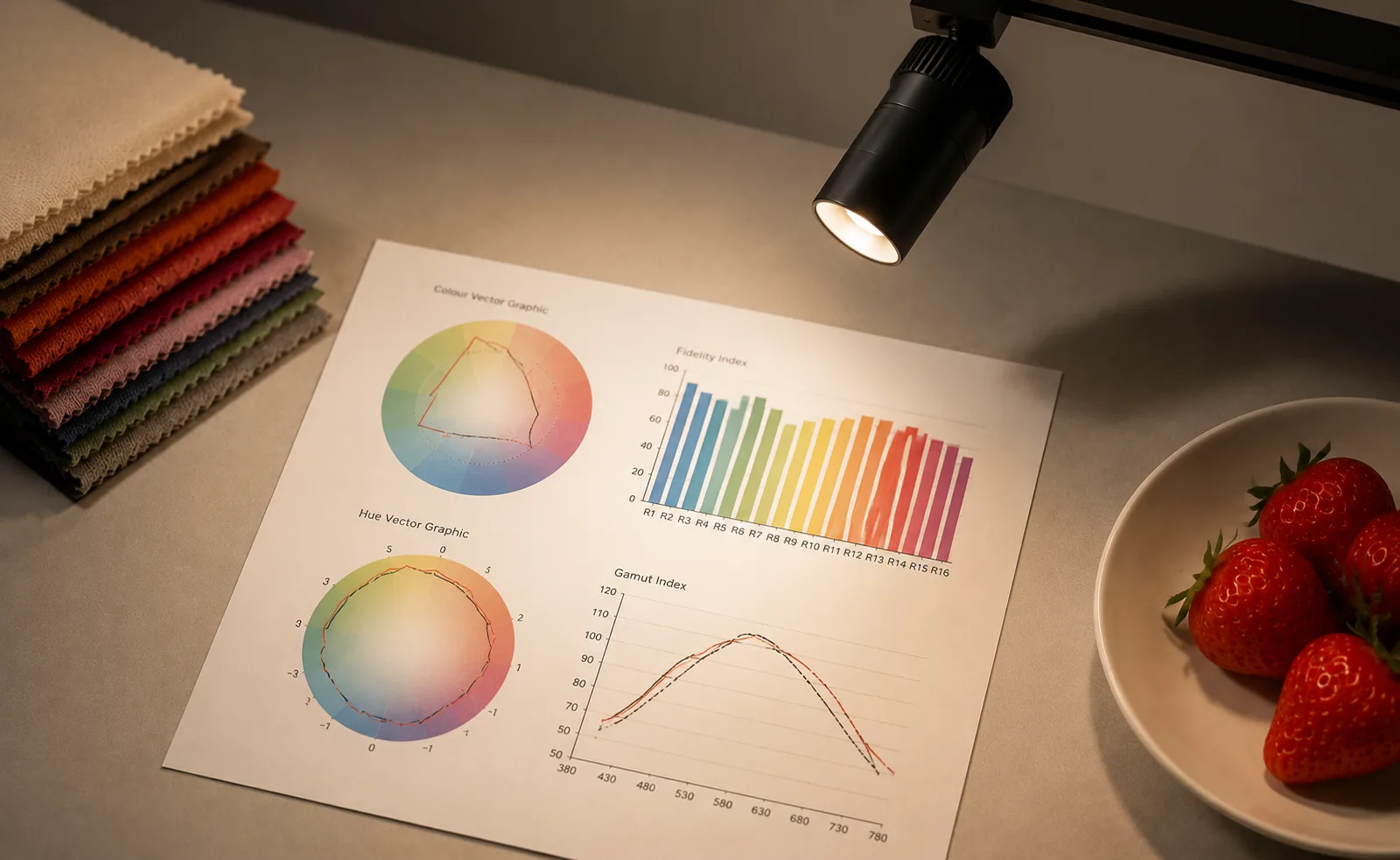 03 TM-30 lighting analysis showing fidelity gamut and hue evaluation for advanced colour rendering performance