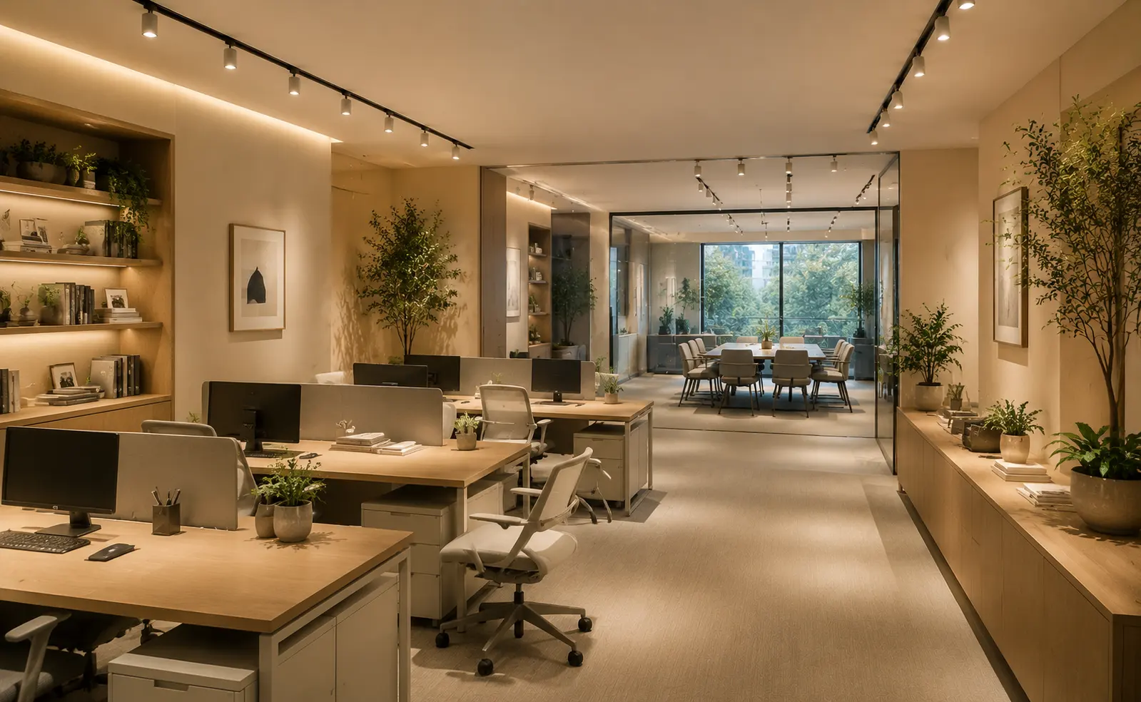 03 3500K balanced colour temperature lighting combining warm material tones and workplace clarity in a modern commercial interior