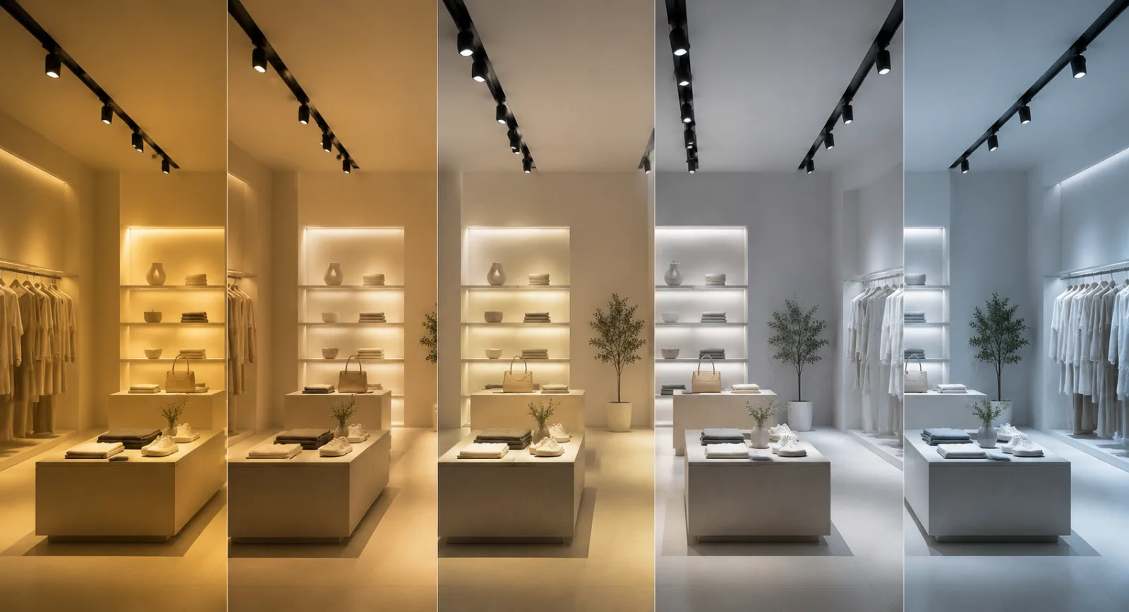 Commercial lighting design showing CCT colour temperature selection from warm to cool white light for different interior applications