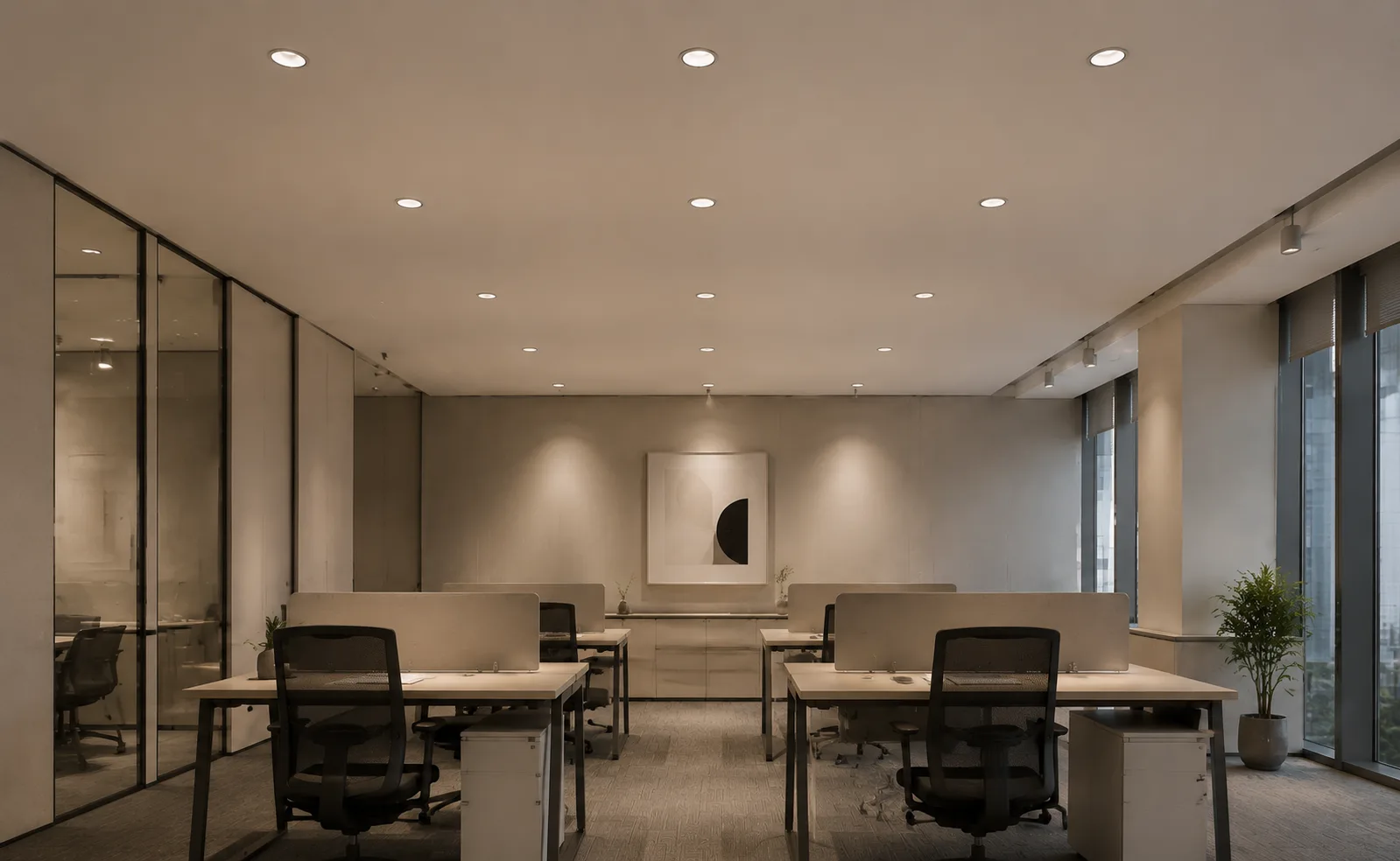 01 Fixed recessed downlight providing stable ambient and task lighting in a modern commercial office interior