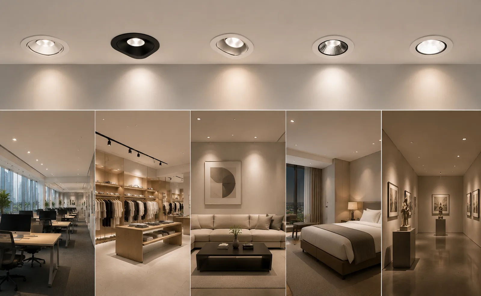 Downlight selection guide showing different recessed lighting applications for office retail hospitality residential and gallery interiors