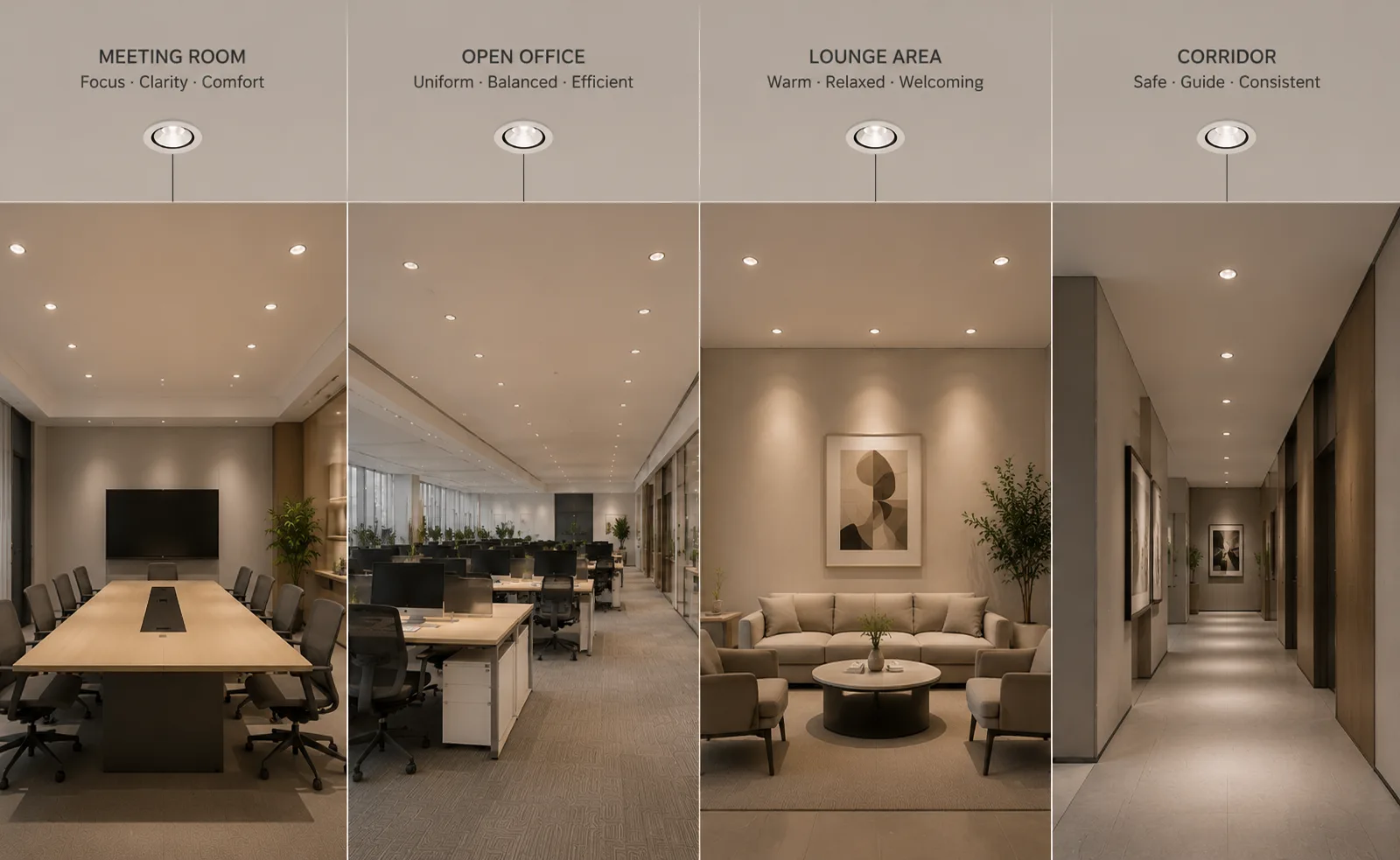 04 System downlight solution with matched optics colour and controls across different commercial room functions