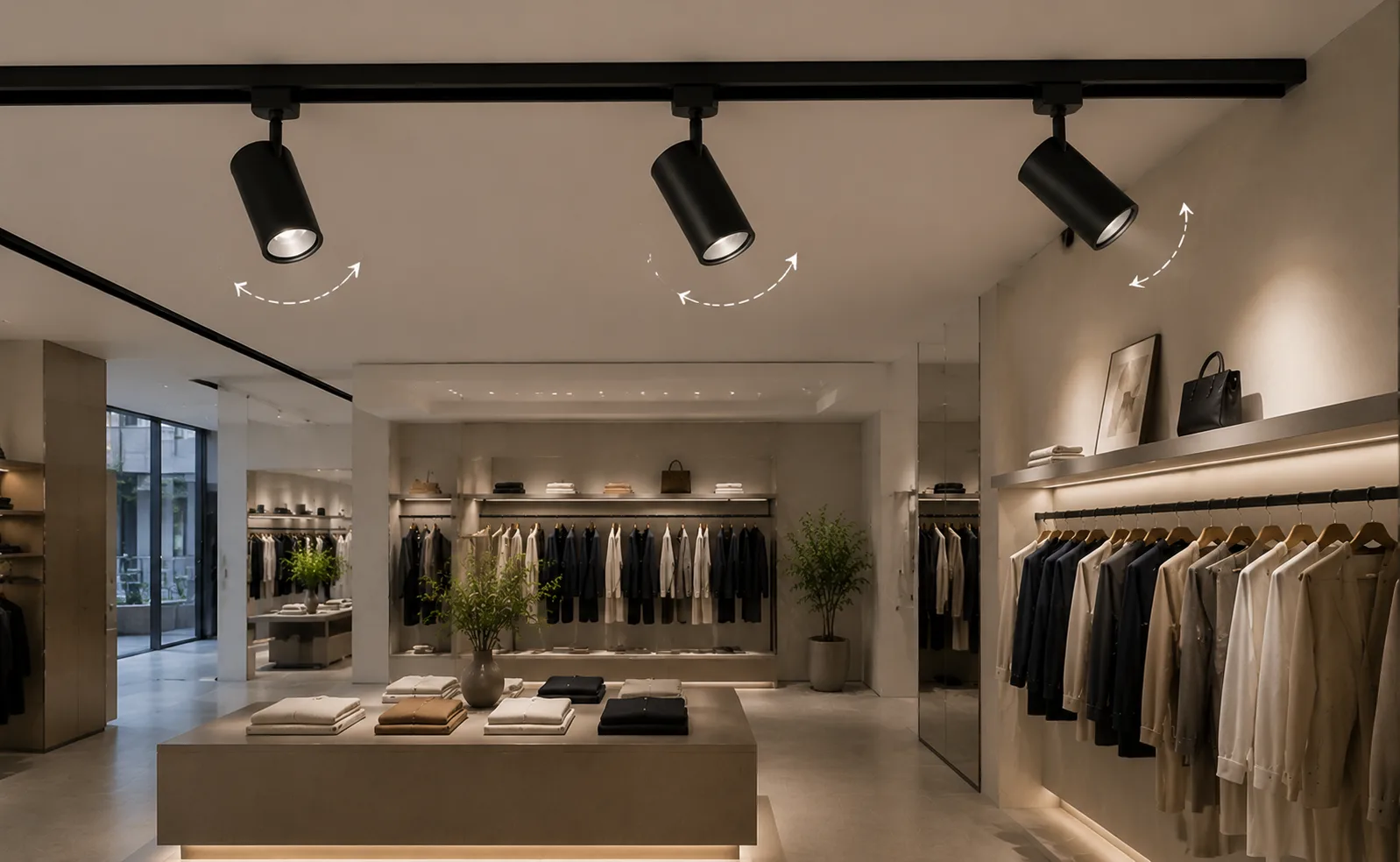 01 Flexibility track lighting with adjustable track heads that can be moved and re-aimed for evolving retail display layouts