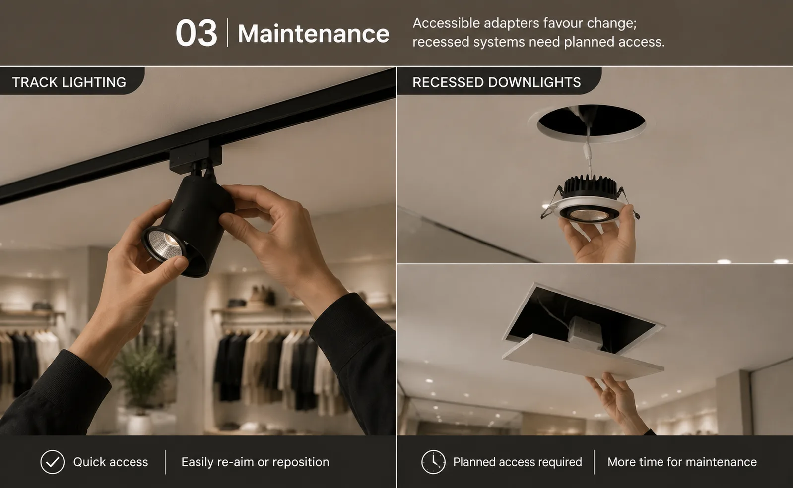 03 Maintenance comparison showing accessible track lighting adapters and recessed downlights requiring planned access in commercial interiors
