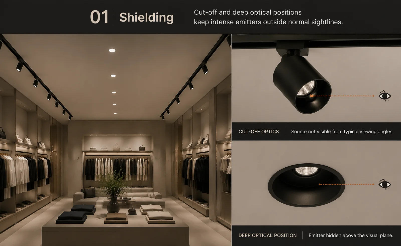 01 Shielding anti-glare lighting using cut-off optics and deep optical positioning to reduce direct glare in commercial interiors