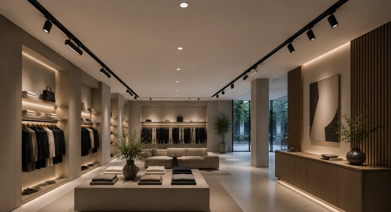 Anti-glare lighting design in a commercial retail interior showing controlled brightness reflections and comfortable visual performance