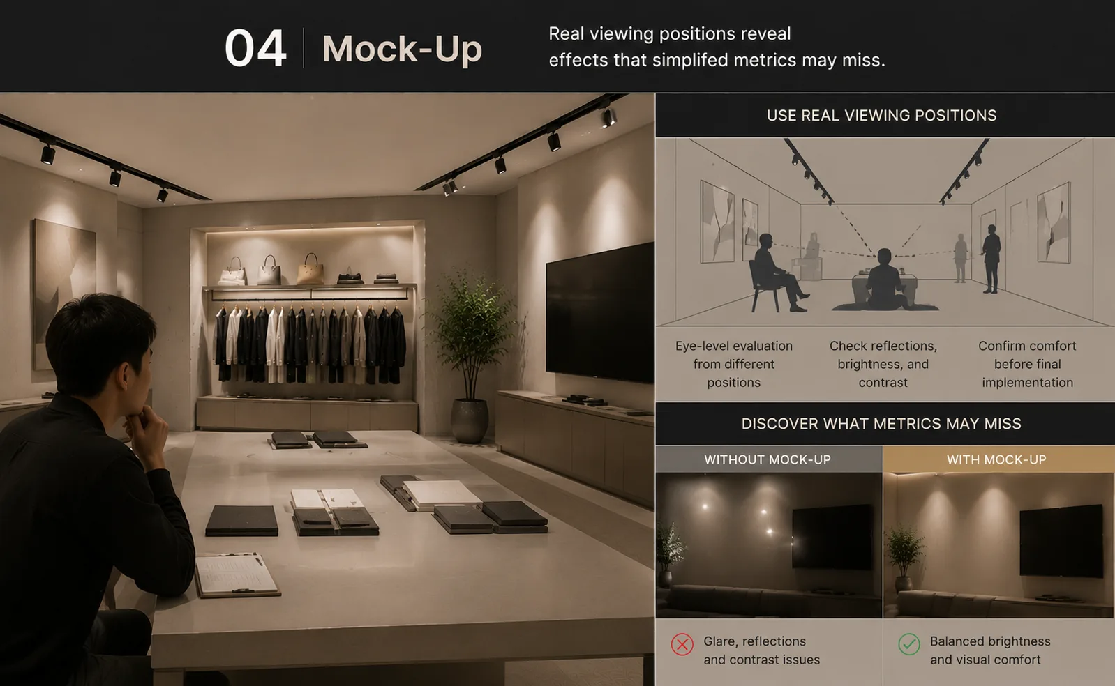 04 Mock-Up anti-glare lighting evaluation using real viewing positions to check glare and visual comfort