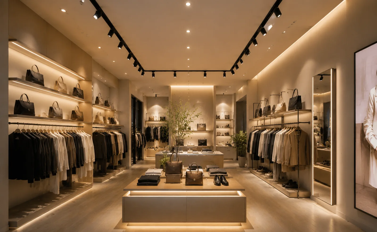 Layered retail lighting design with ambient accent and display illumination