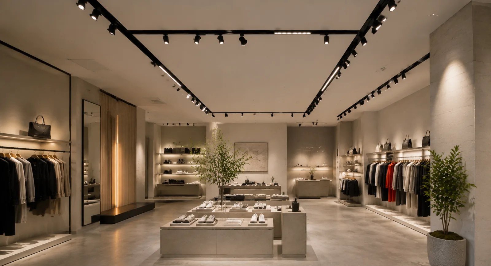 Magnetic track lighting system in modern retail showroom
