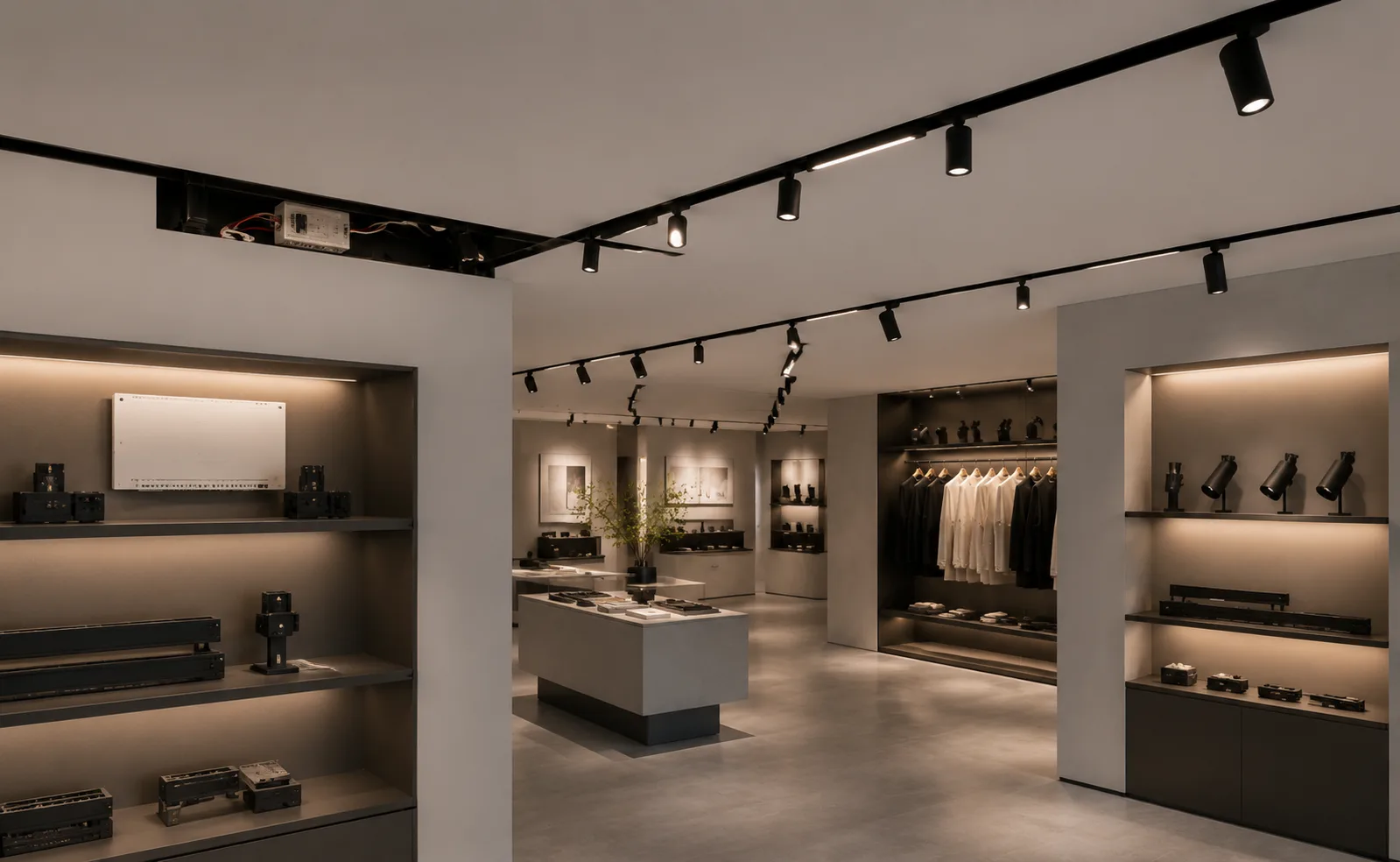 Magnetic track lighting system with multiple modules and safe load capacity in a showroom.