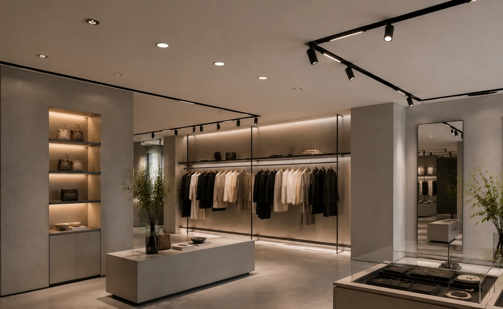 Hybrid lighting design with magnetic track lights and recessed downlights in a boutique interior.