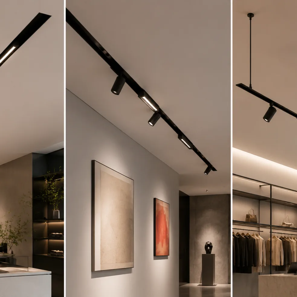Magnetic track lighting with recessed, surface and suspended installation options.