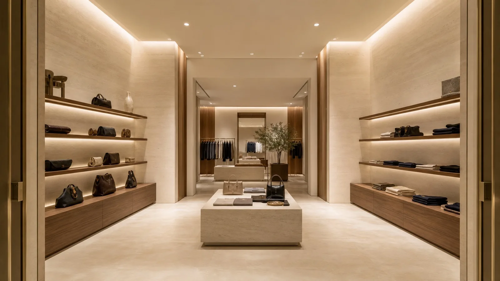 Fashion boutique with illuminated walls, shelves and merchandise displays