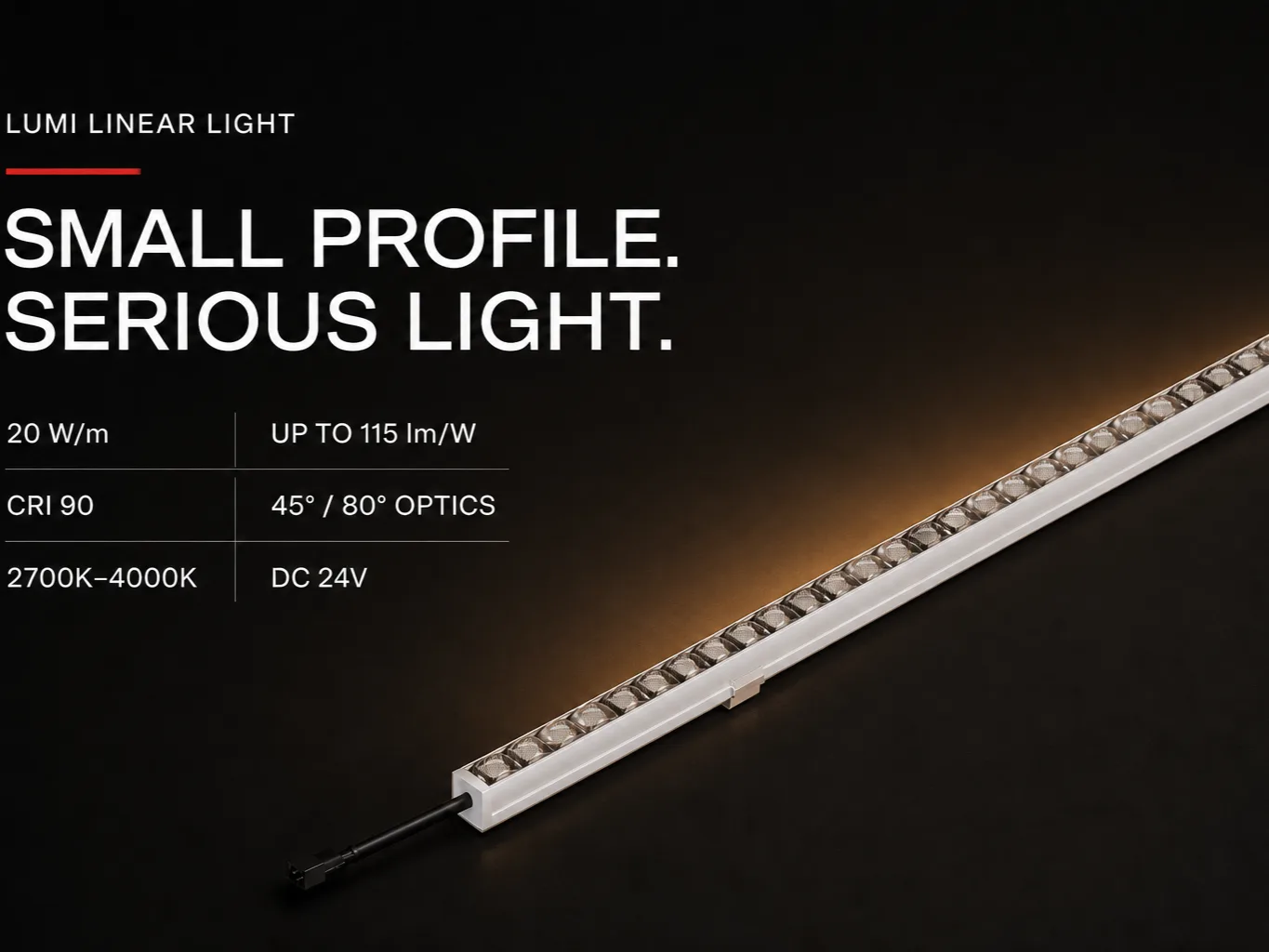 Compact Artdon Lumi linear light with individual precision lenses