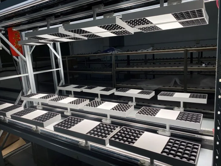 Batch aging and electrical testing for architectural lighting products before final inspection.
