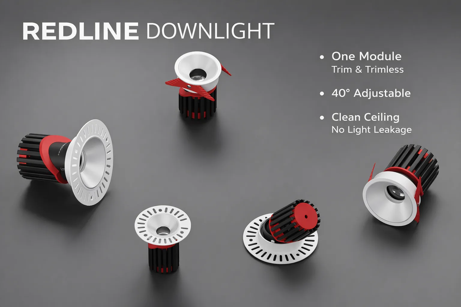Redline modular architectural downlight system with trim and trimless installation, adjustable optics and clean ceiling integration for retail, hospitality and commercial projects
