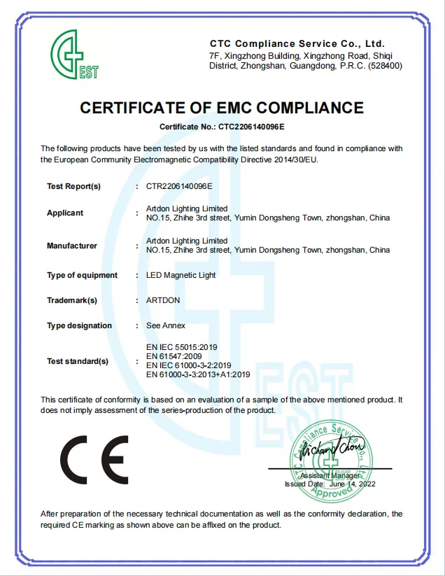 Artdon CE EMC compliance certificate for LED magnetic lighting products.