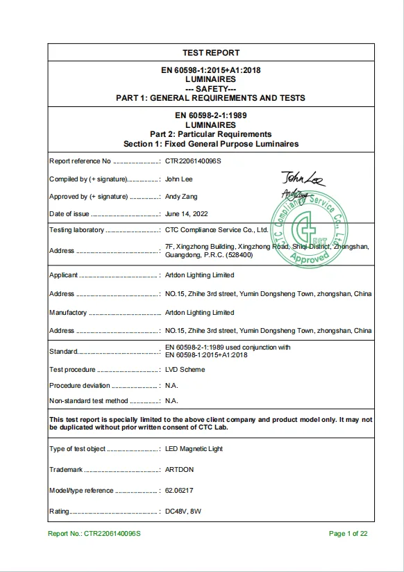 Artdon CE LVD test report for LED magnetic lighting products.