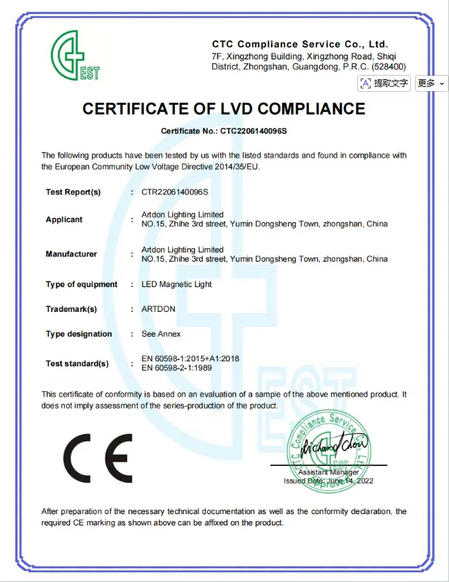 Artdon CE LVD compliance certificate for LED magnetic lighting products.