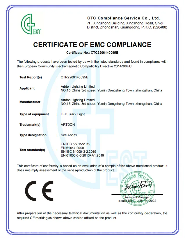 Artdon CE EMC compliance certificate for architectural track lighting products.