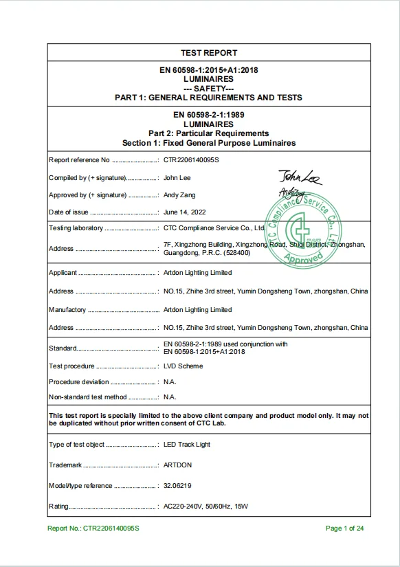 Artdon CE LVD test report for architectural track lighting products.