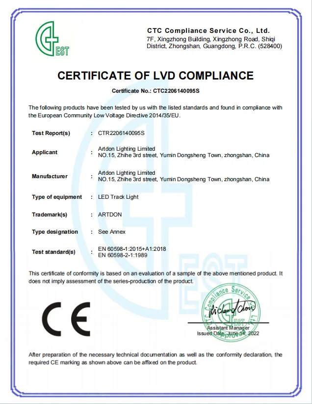 Artdon CE LVD compliance certificate for architectural track lighting products.
