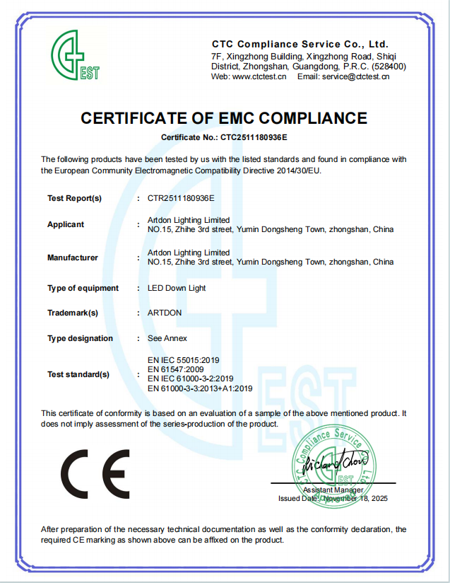 Artdon CE EMC compliance certificate for architectural recessed downlight products.