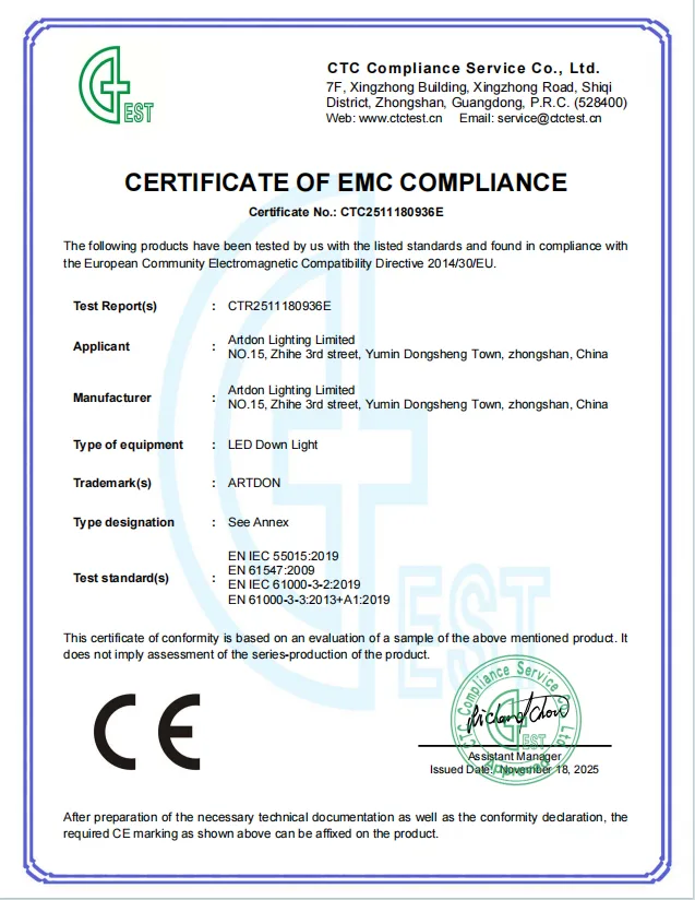 Artdon CE EMC compliance certificate for architectural recessed downlight products.