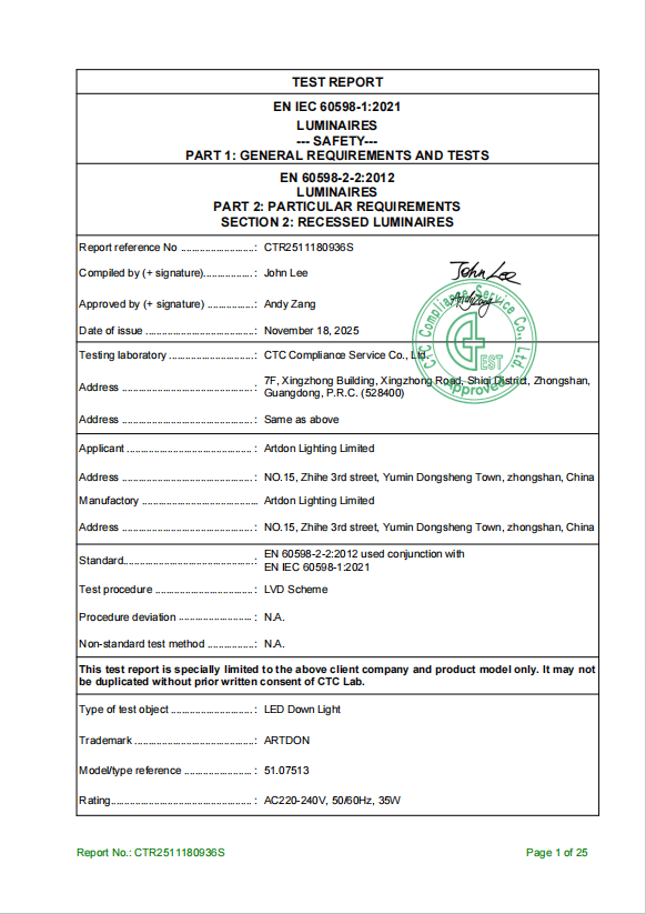 Artdon CE LVD test report for architectural recessed downlight products.