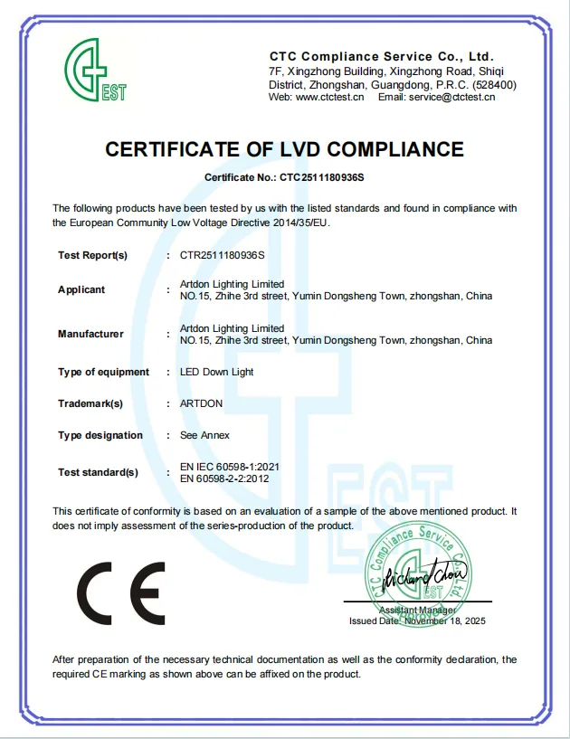 Artdon CE LVD compliance certificate for architectural recessed downlight products.