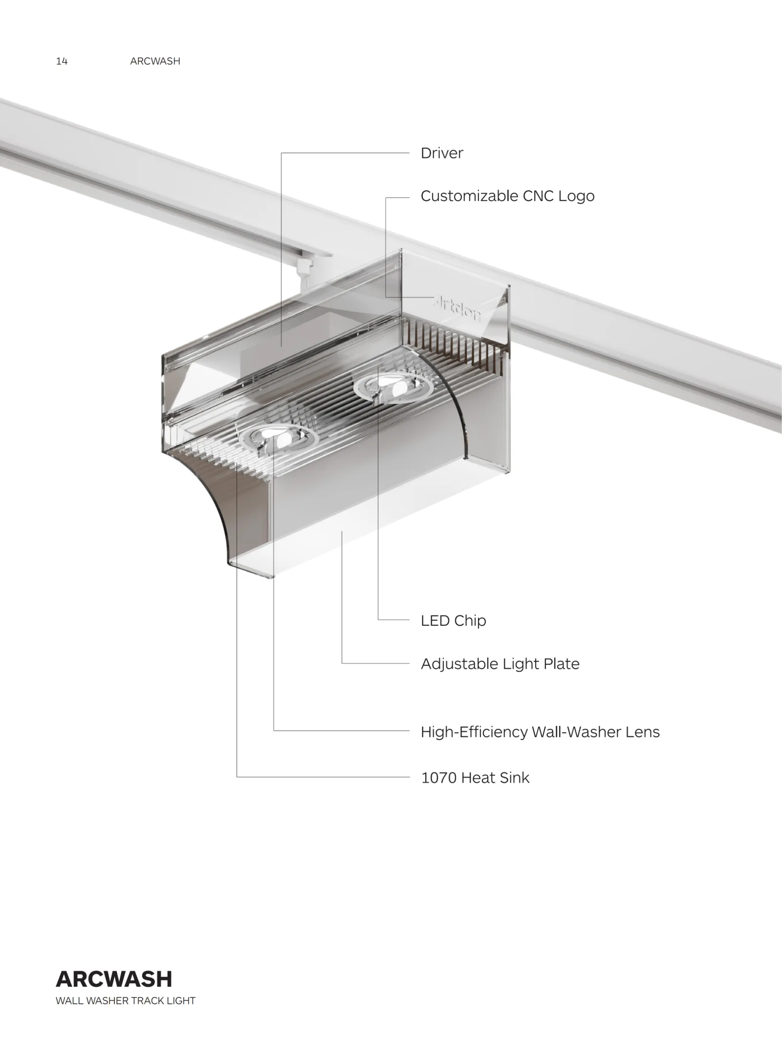 ARCWASH continuous wall washer track lighting catalogue cover for retail, galleries and display lighting projects.