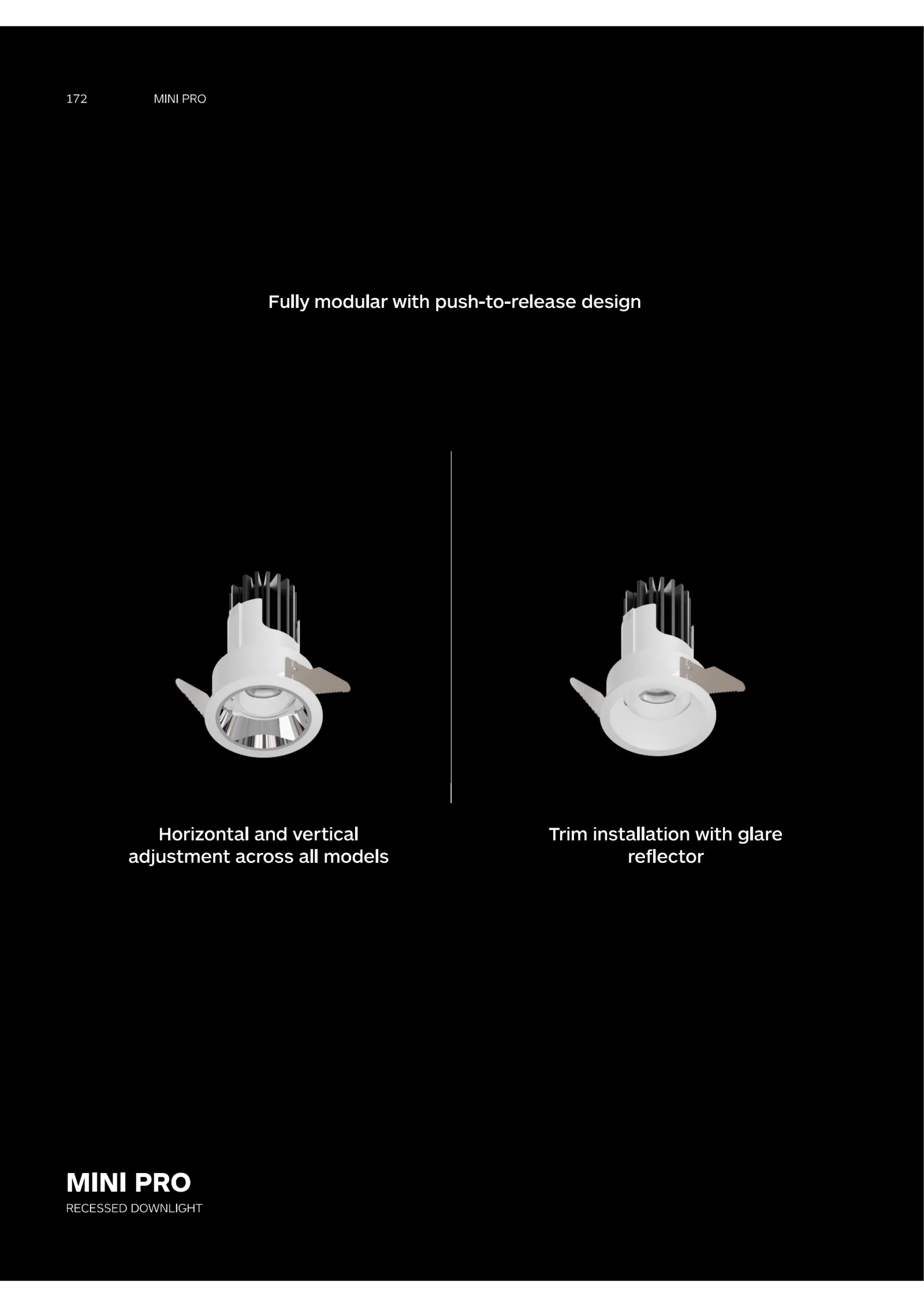 MINI PRO compact modular recessed downlight catalogue cover for hotel, apartment and architectural lighting applications.