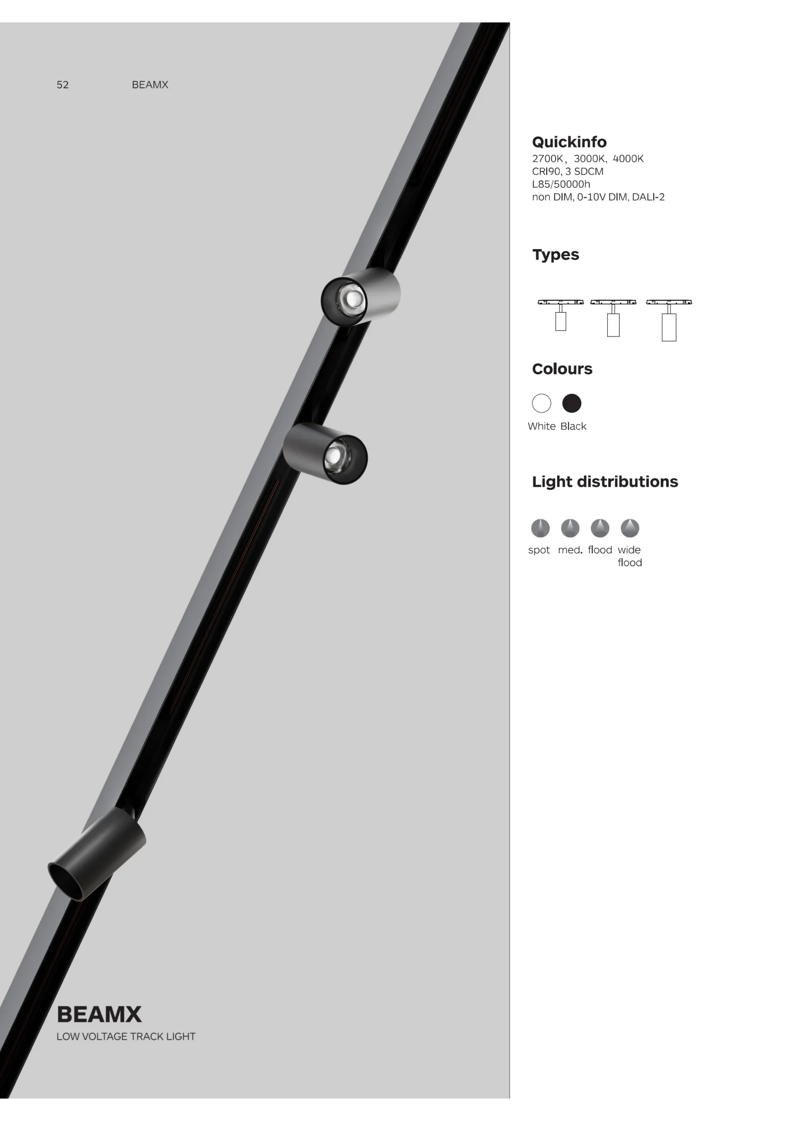 BEAMX precision magnetic track light catalogue cover featuring compact spotlight design for retail, hospitality, museum and luxury residential lighting applications.