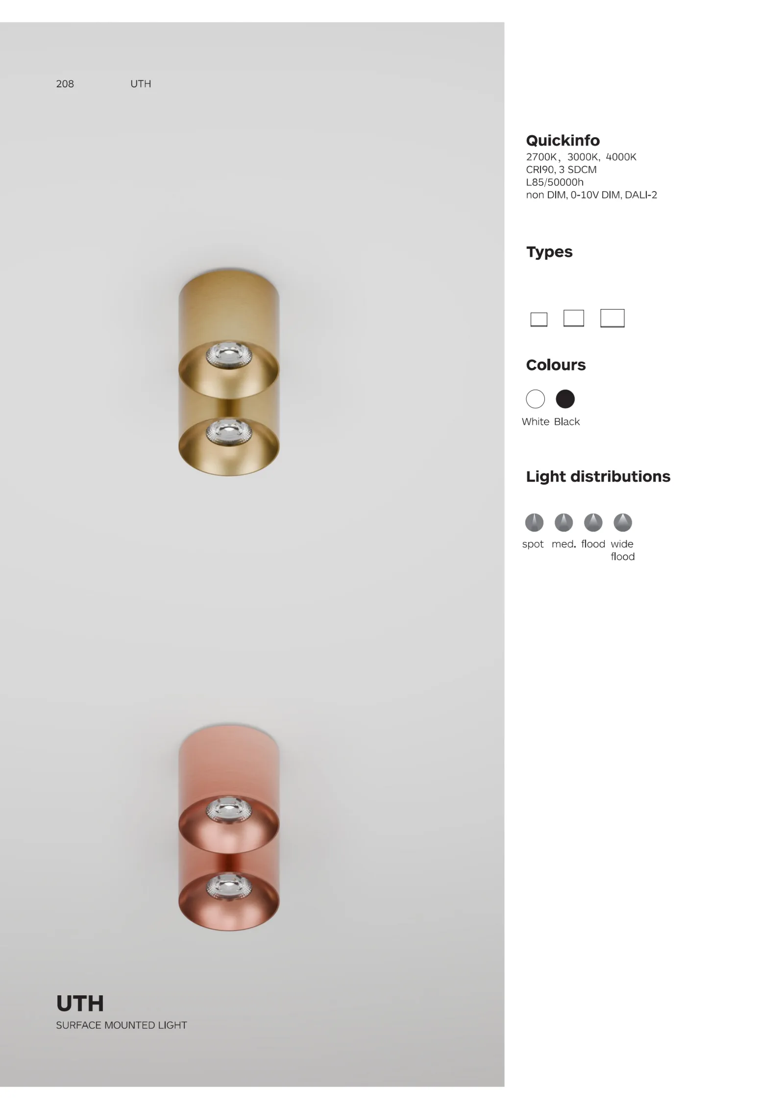 UTH Ultra-Low Profile Surface Downlight Catalogue cover showing compact surface-mounted lighting design for residential, office and hospitality interiors.