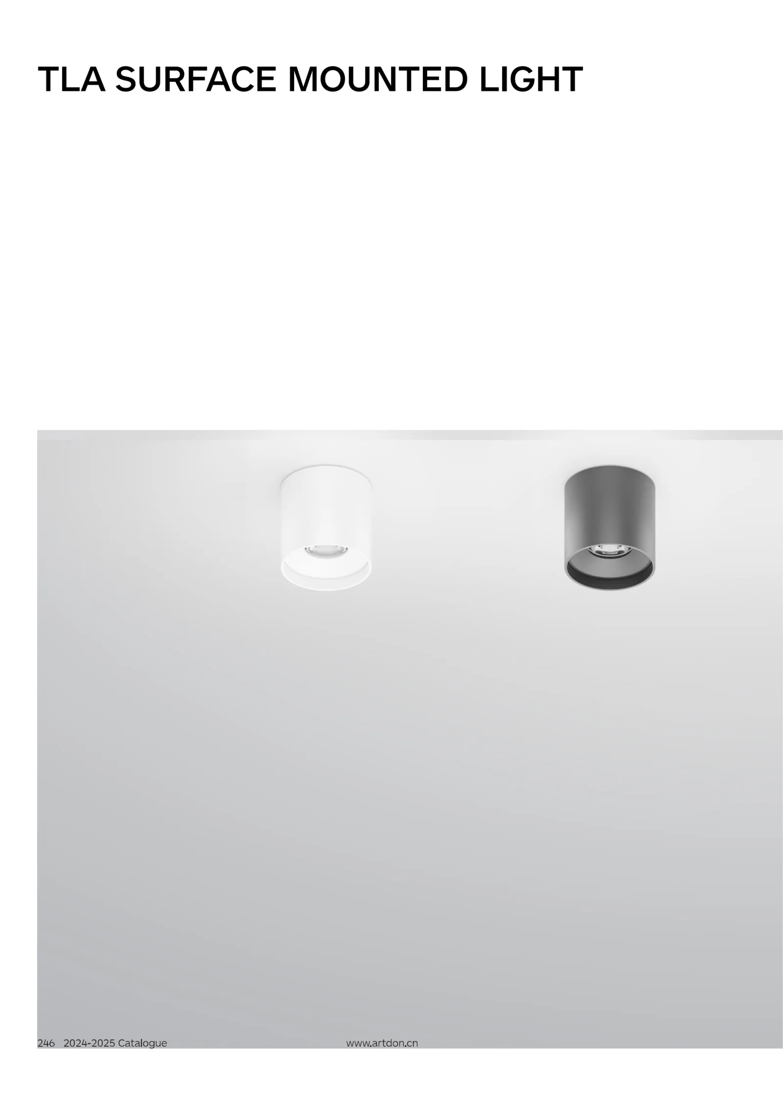 TLA CNC Precision Surface Downlight Catalogue cover showing premium surface-mounted lighting with deep anti-glare optics and machined aluminium design.