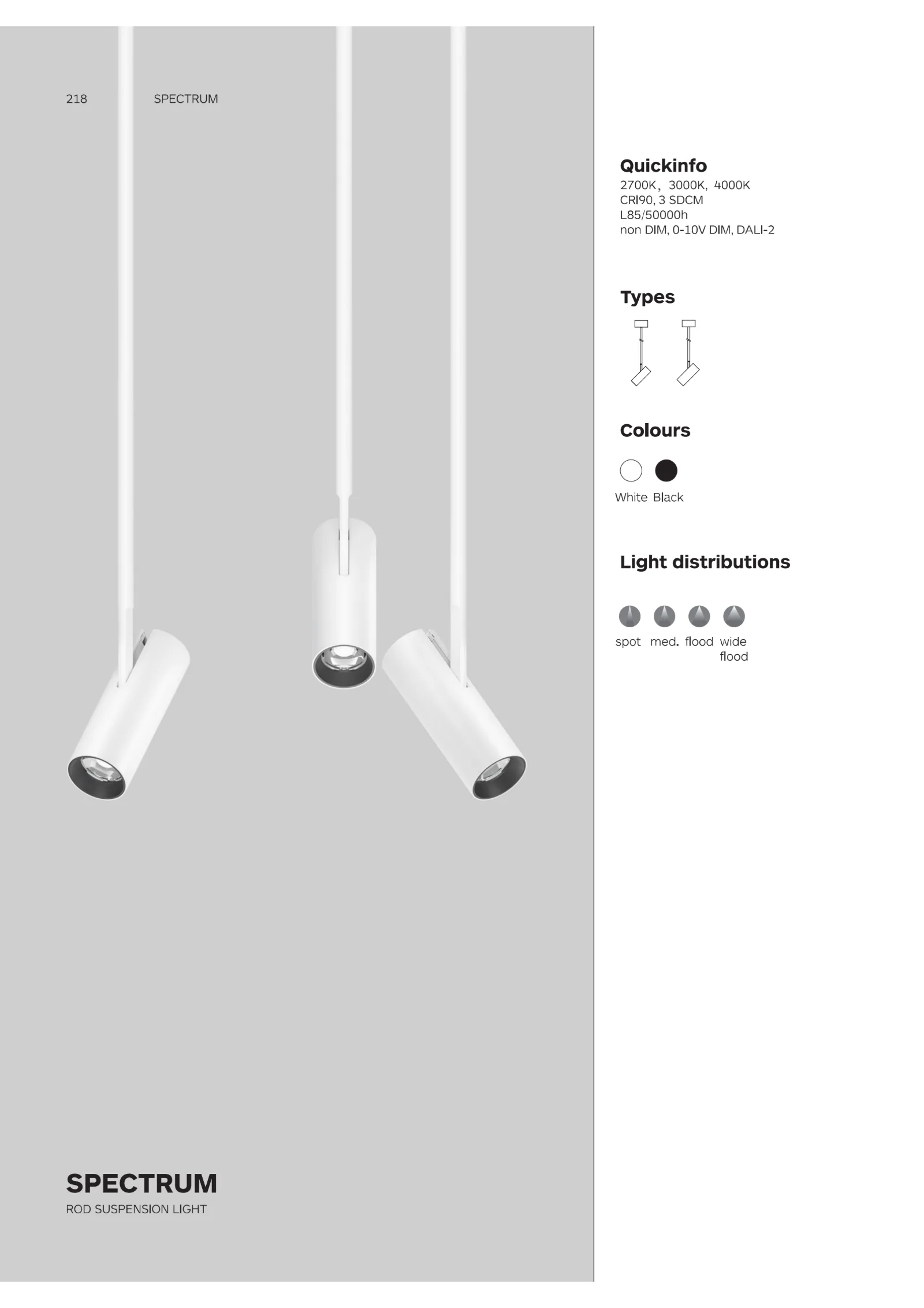 SPECTRUM Pendant Spotlight Catalogue cover showing suspended architectural spotlight with interchangeable optical accessories for retail and hospitality lighting.