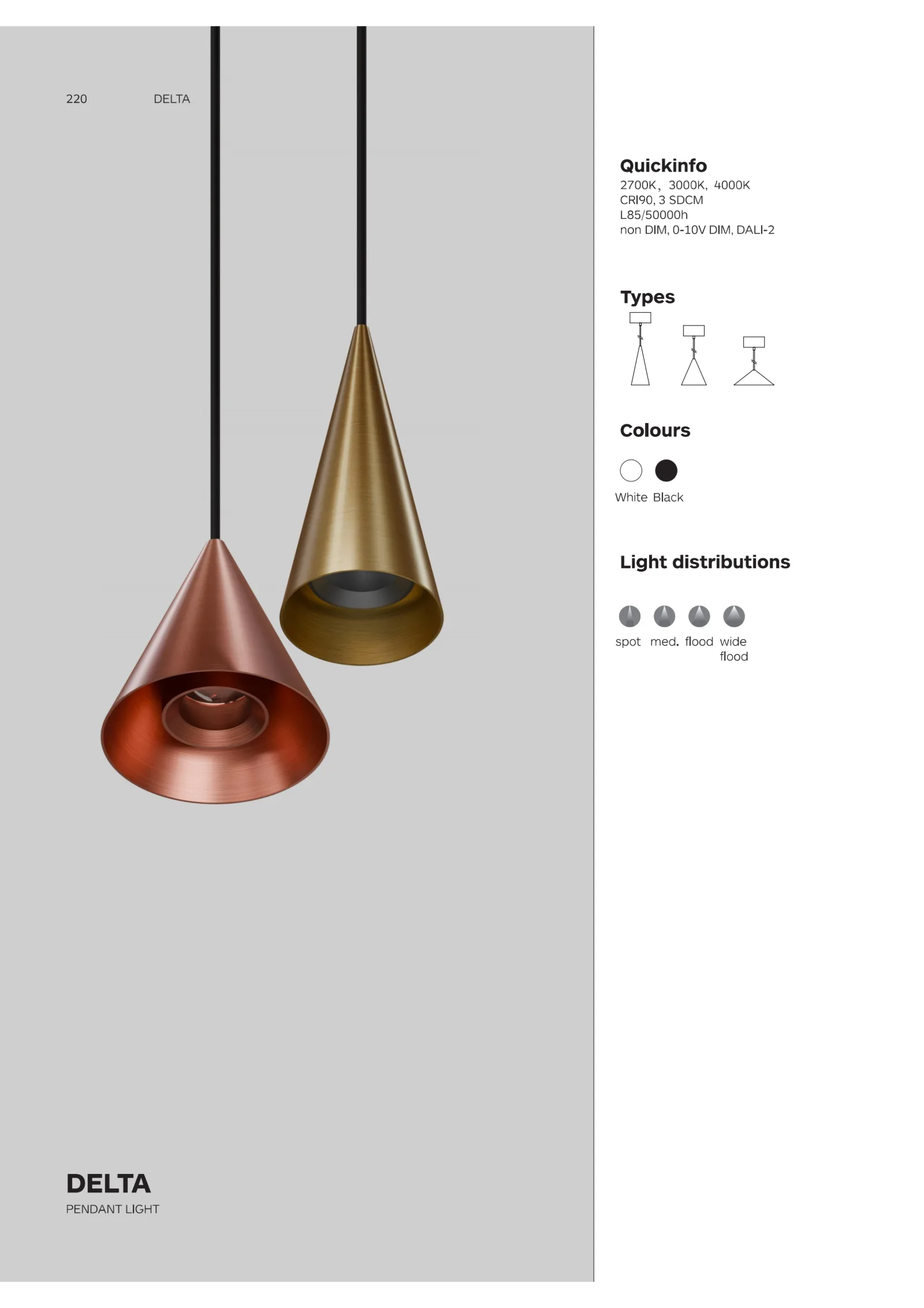 DELTA Adjustable Pendant Spotlight Catalogue cover showing elegant suspended lighting with integrated zoom optics and adjustable beam control.