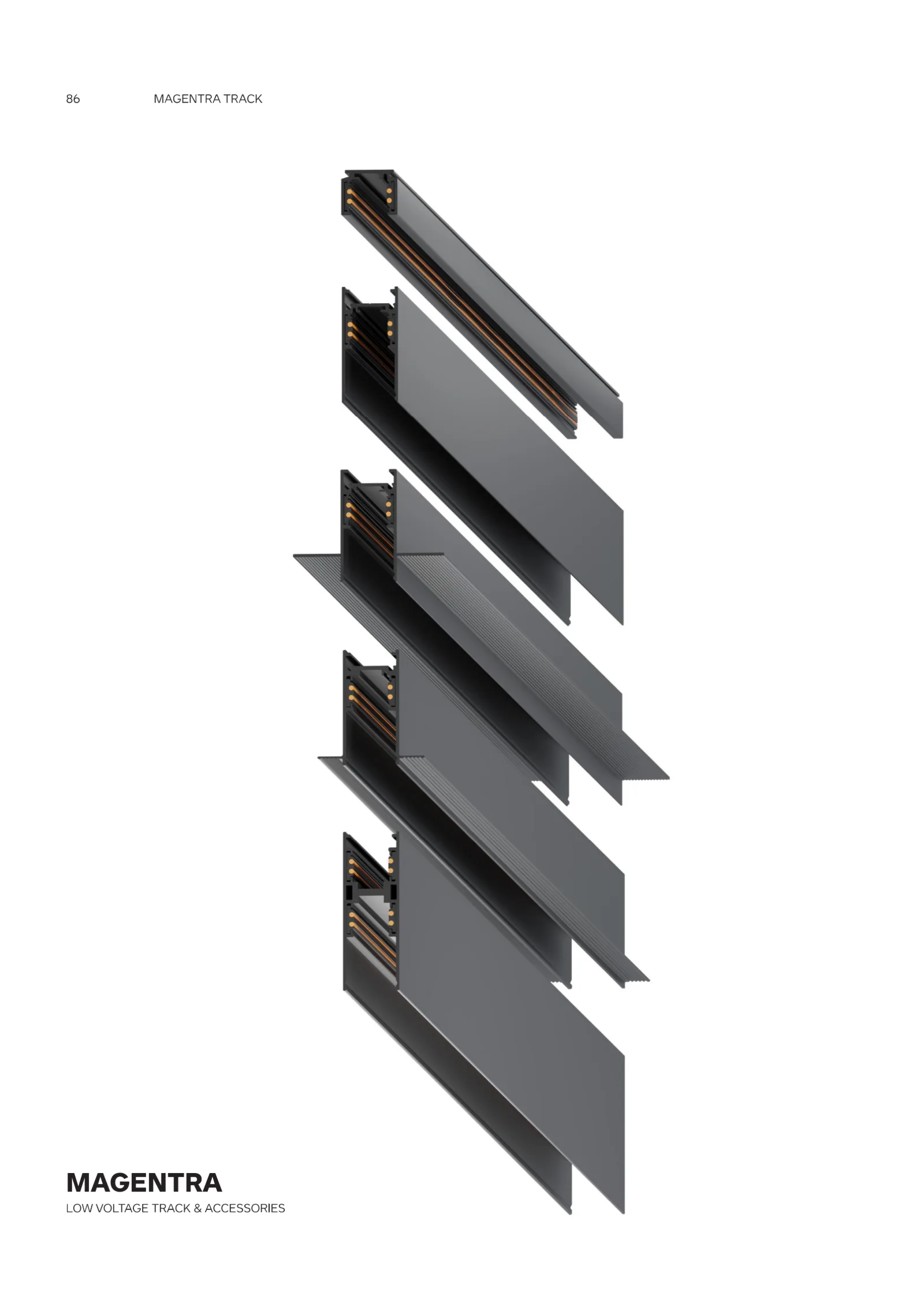 Low Voltage Track and Accessories Catalogue cover showing architectural low voltage track system designed for flexible spotlight installation.