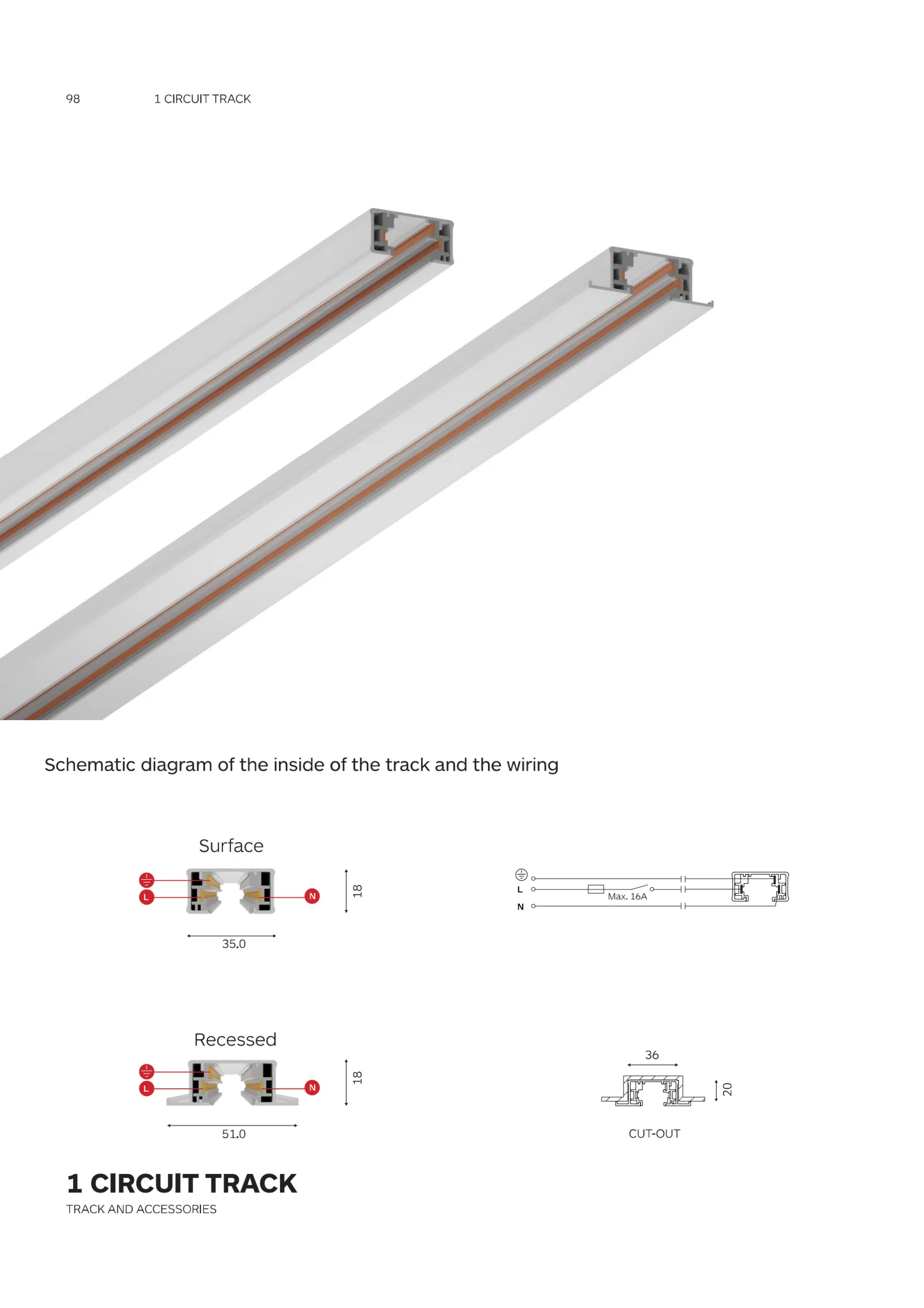 1 Circuit Track and Accessories Catalogue cover showing a professional single circuit track system for architectural spotlight applications.