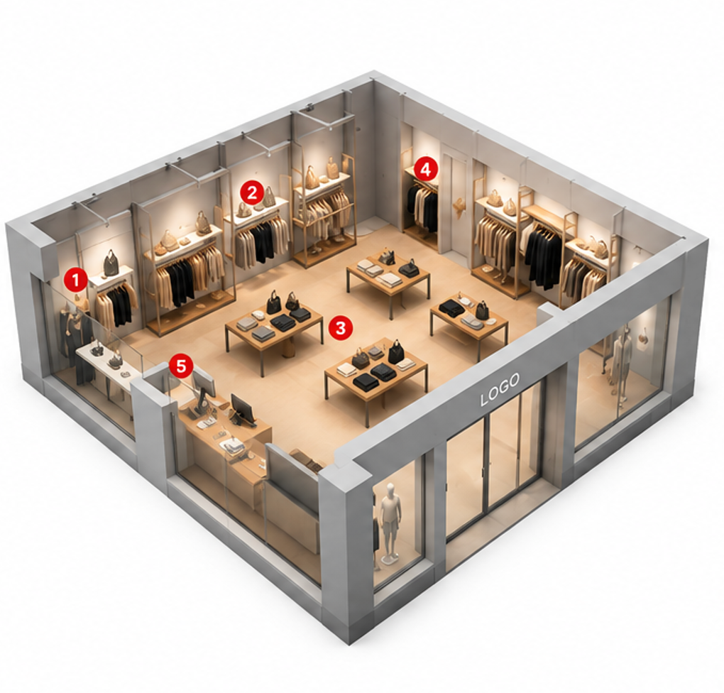 Fashion store lighting layout showing window display, wall display, central display, fitting room and cashier lighting recommendations.
