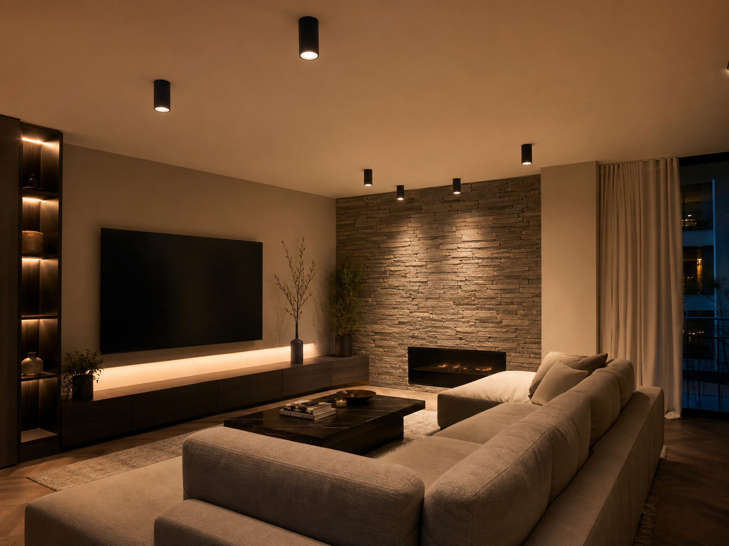 UTH surface-mounted downlights in a contemporary living room.