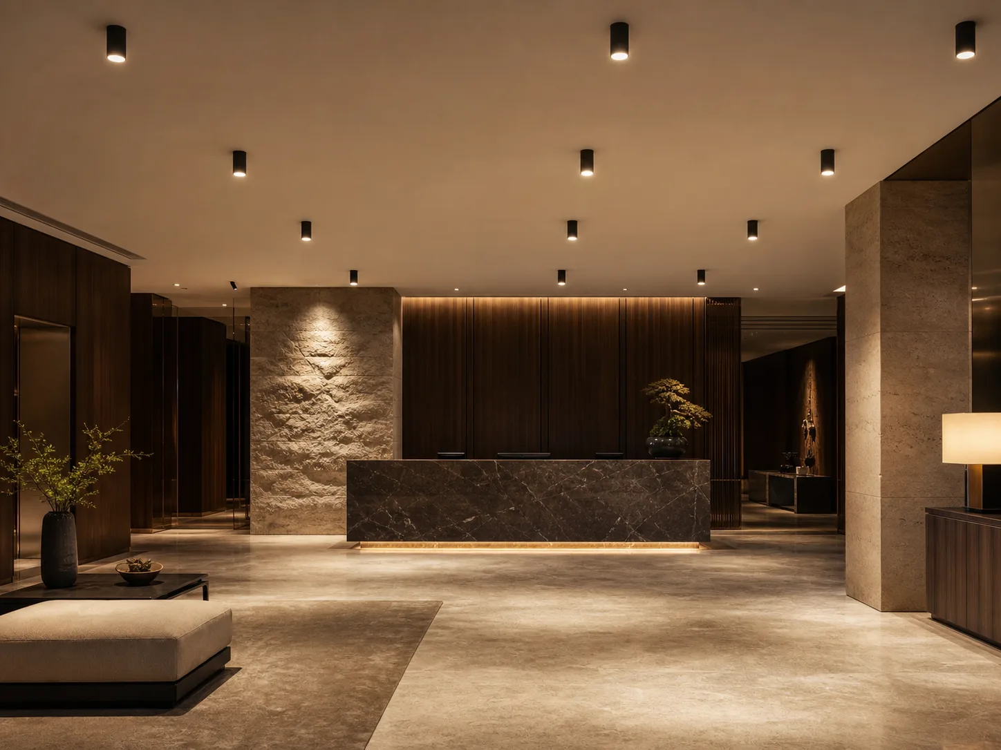UTH surface-mounted downlights in a luxury hotel lobby.