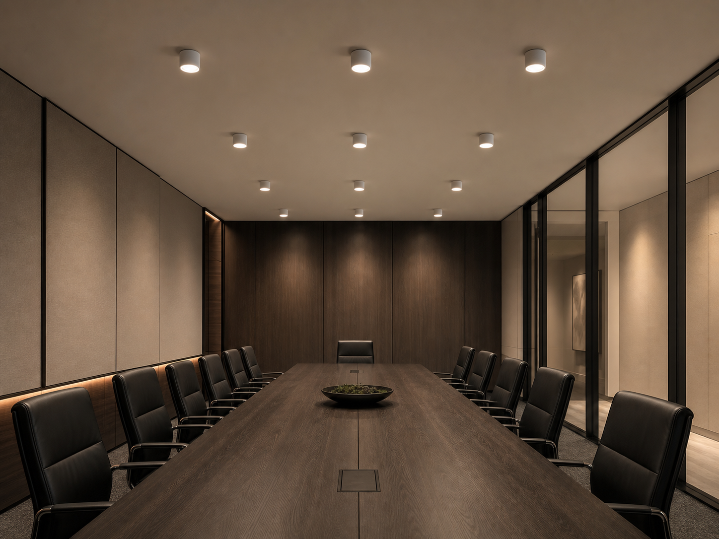 UTH round surface-mounted ceiling lights in a modern meeting room.