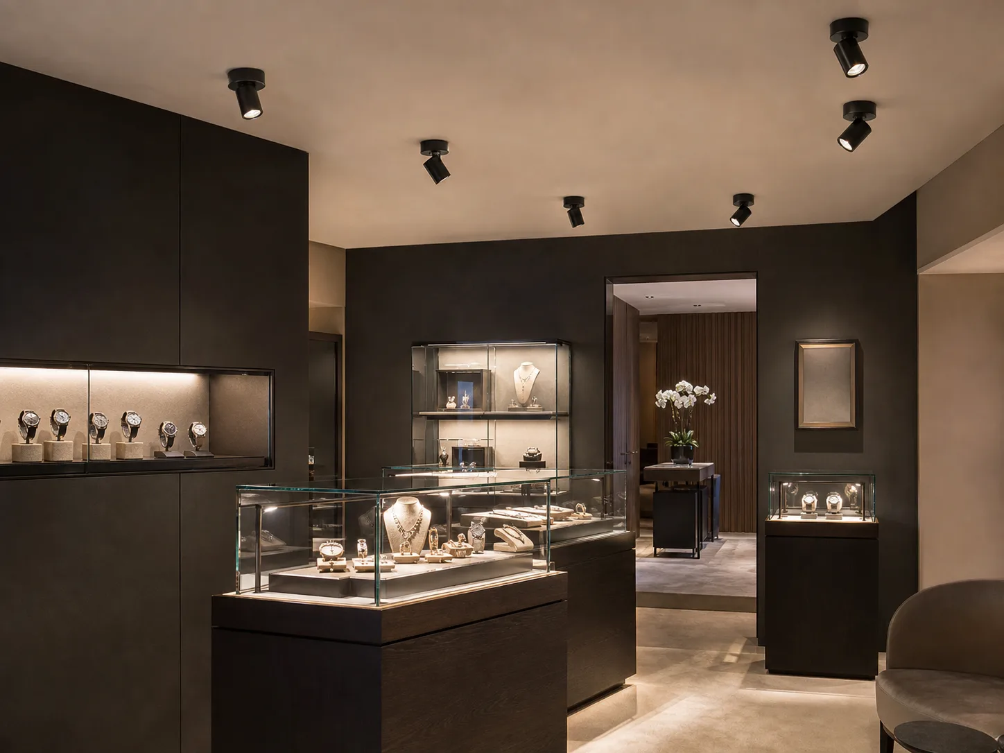 Jewelry boutique zone lighting with focused low-glare accent spotlights