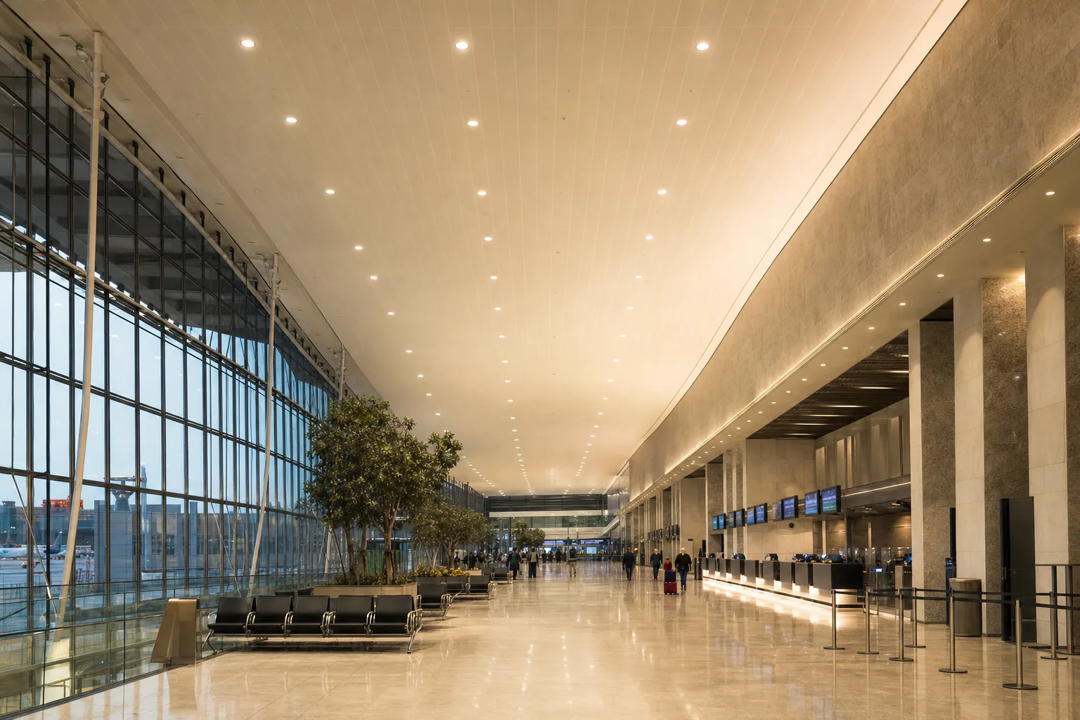 HICORE high-power recessed downlights illuminating a high-ceiling international airport terminal