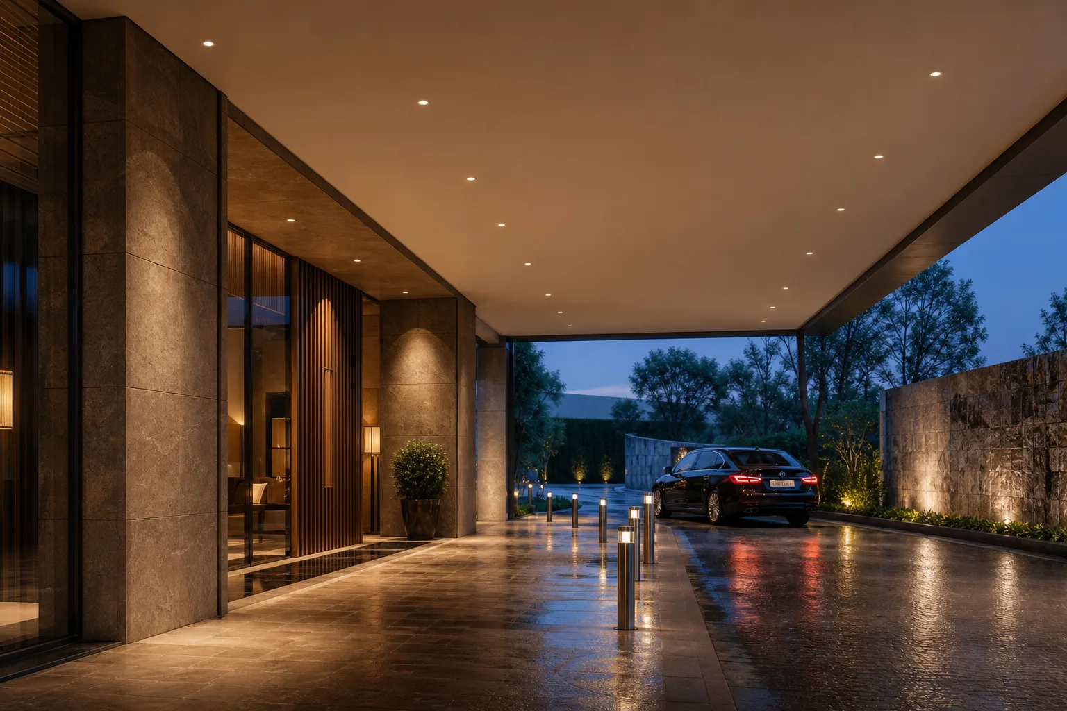 SOFT IP65 outdoor recessed downlights installed in a five-star hotel covered entrance canopy